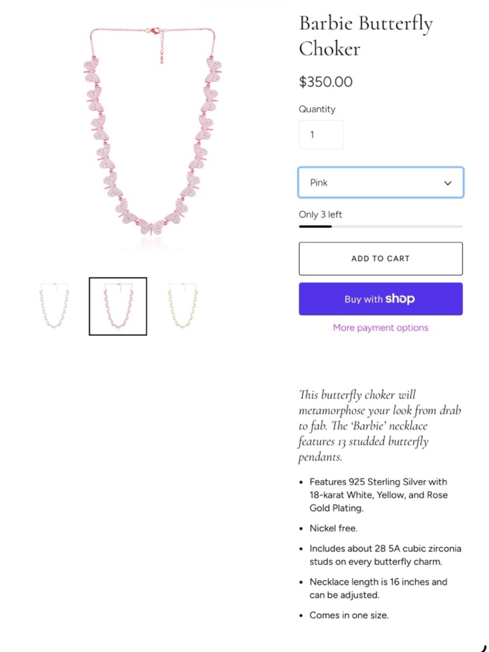 Barbie Pink Butterfly Choker Necklace